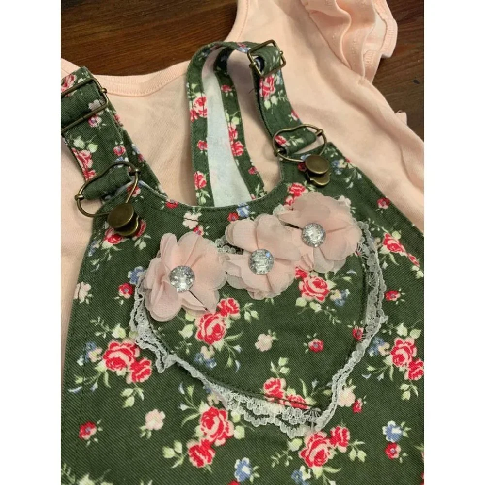 Little lass floral overalls set, size girls 4T pink green (bin D)